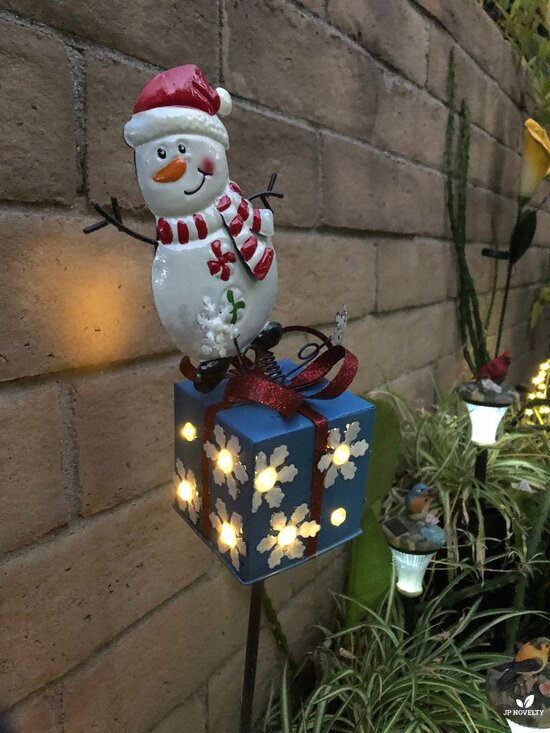 Solar LED Metal Snowman Box Gift Snowflake Garden Stake 39" H - Picture 3 of 4
